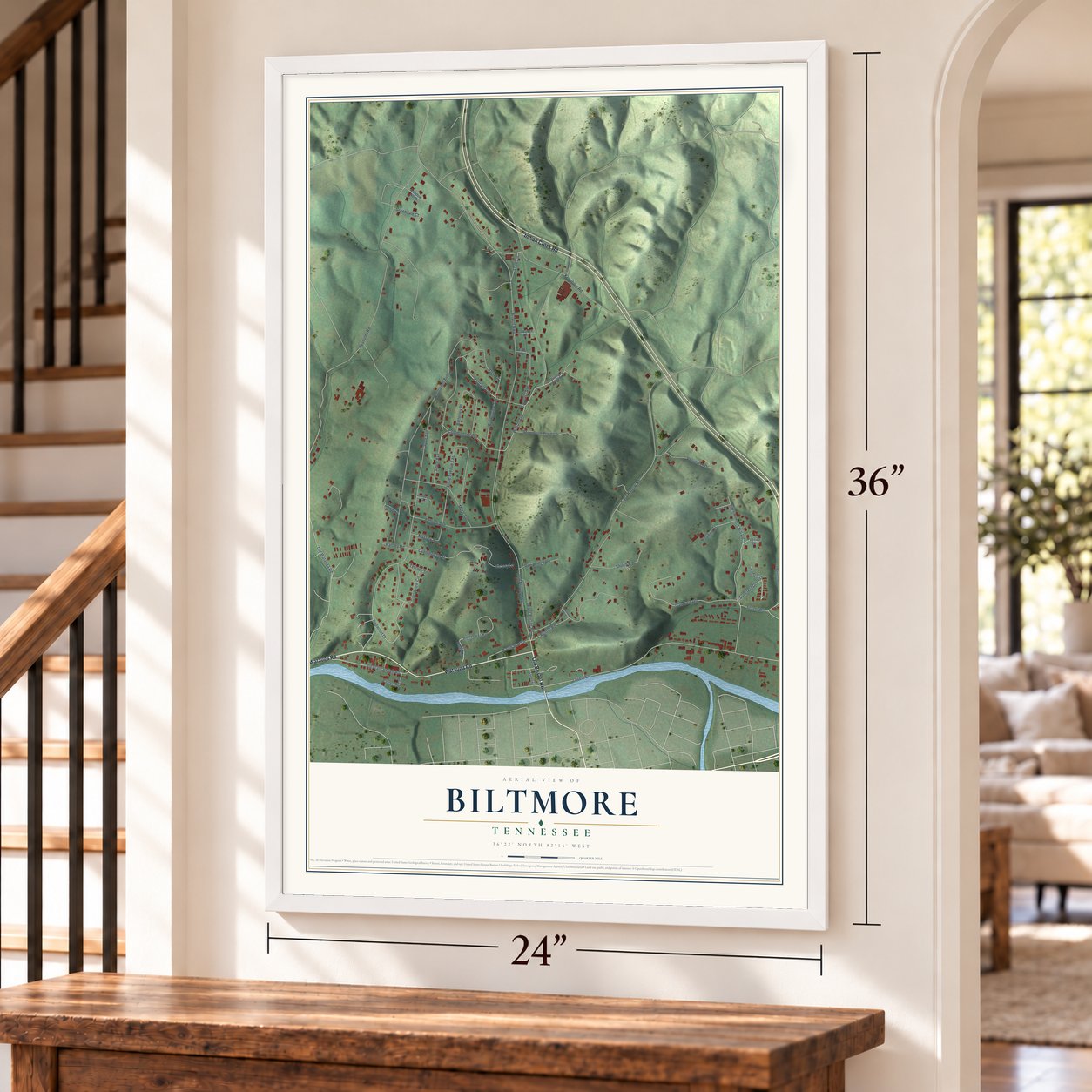 Biltmore, Tennessee map, 24 x 36 inch print in a white frame by a staircase