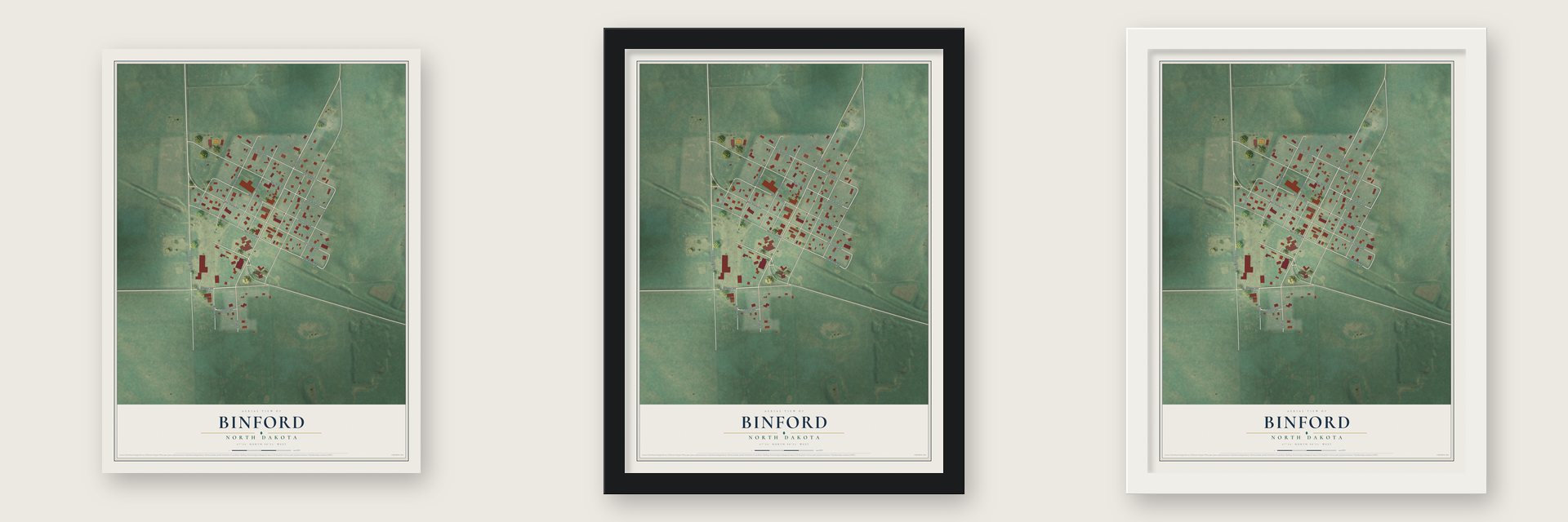 Binford, North Dakota map unframed, in a black wood frame and in a white wood frame