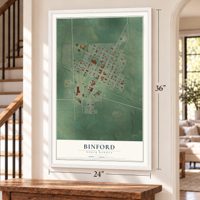 Binford, North Dakota map, 24 x 36 inch print in a white frame by a staircase