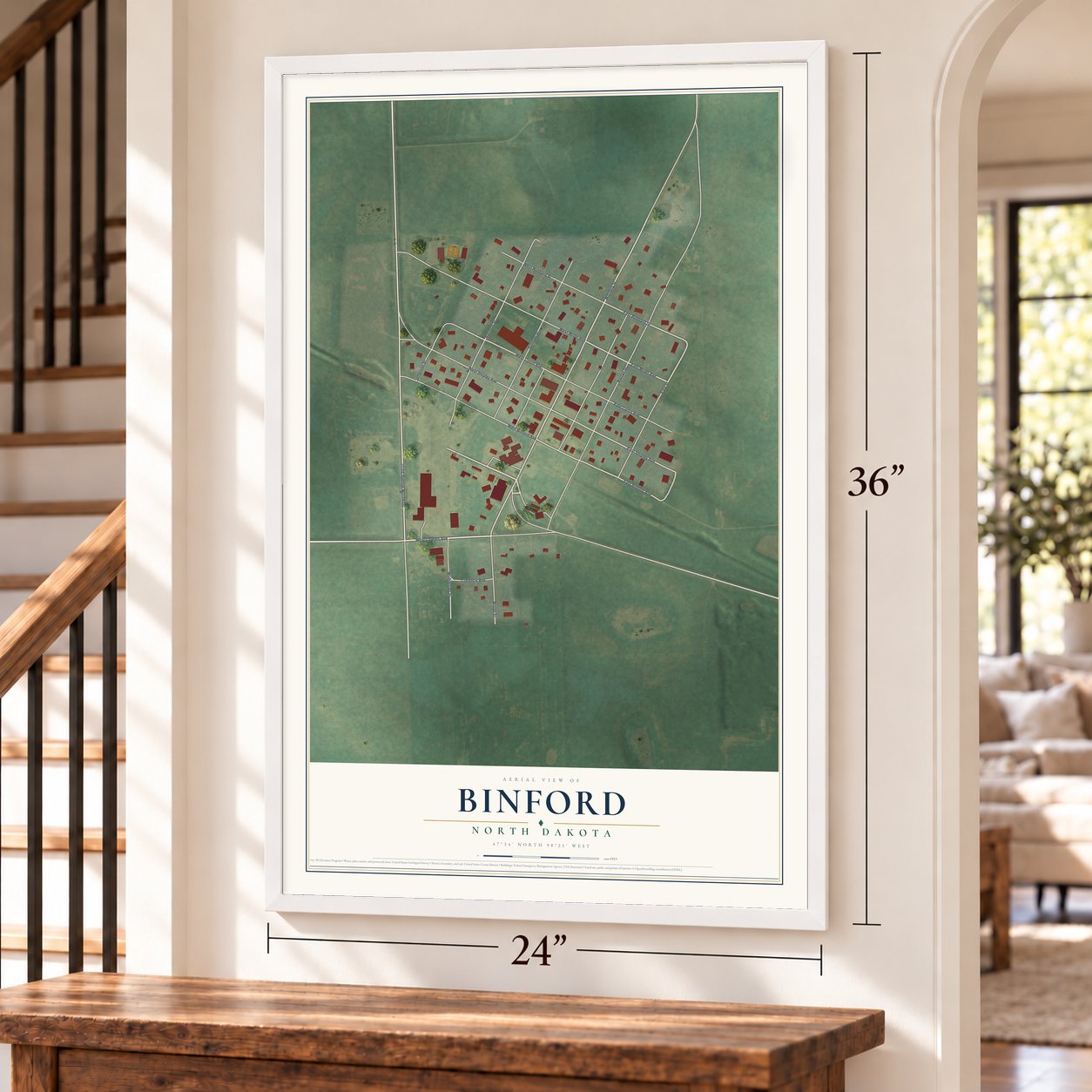 Binford, North Dakota map, 24 x 36 inch print in a white frame by a staircase