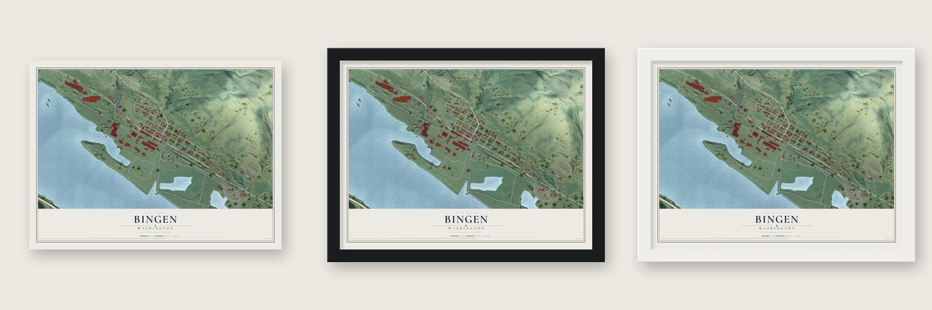 Bingen, Washington map unframed, in a black wood frame and in a white wood frame