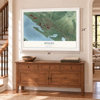 Bingen, Washington map, 24 x 36 inch print in a white frame above a dresser by a staircase