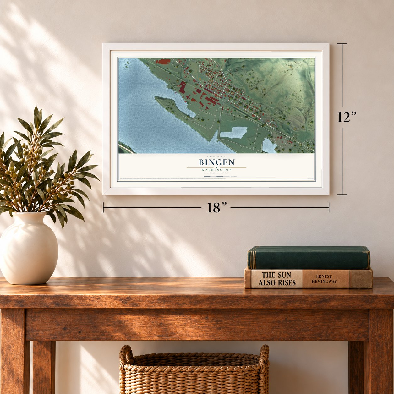 Bingen, Washington map, 12 x 18 inch print in a white frame in an entryway