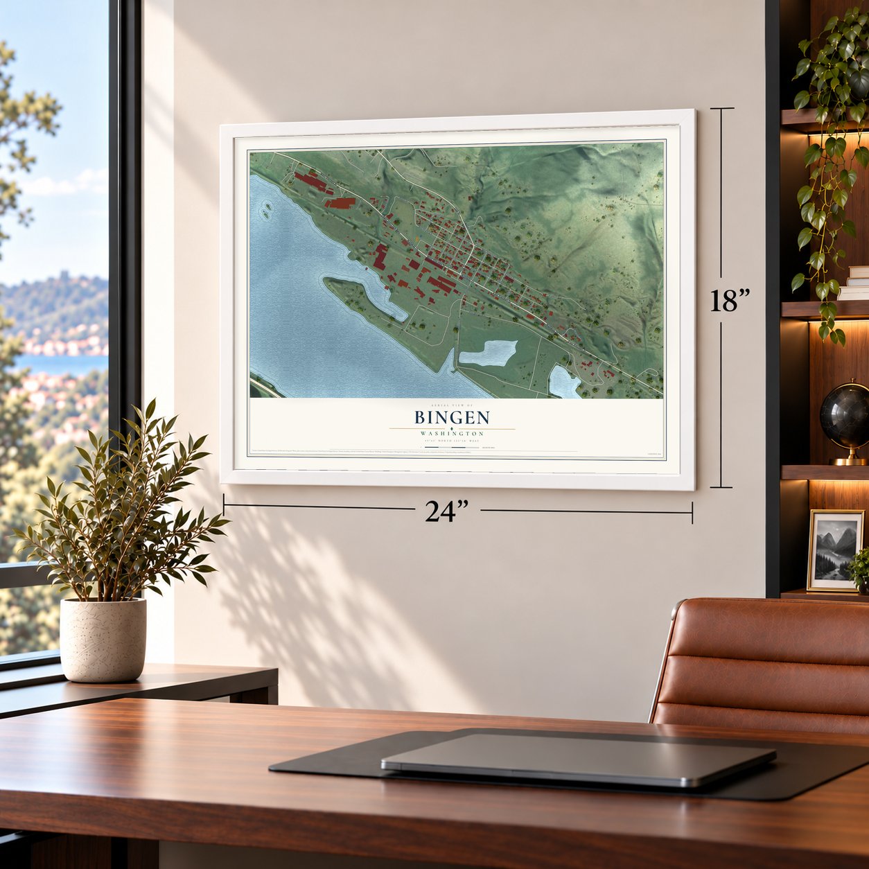 Bingen, Washington map, 18 x 24 inch print in a white frame in a home office