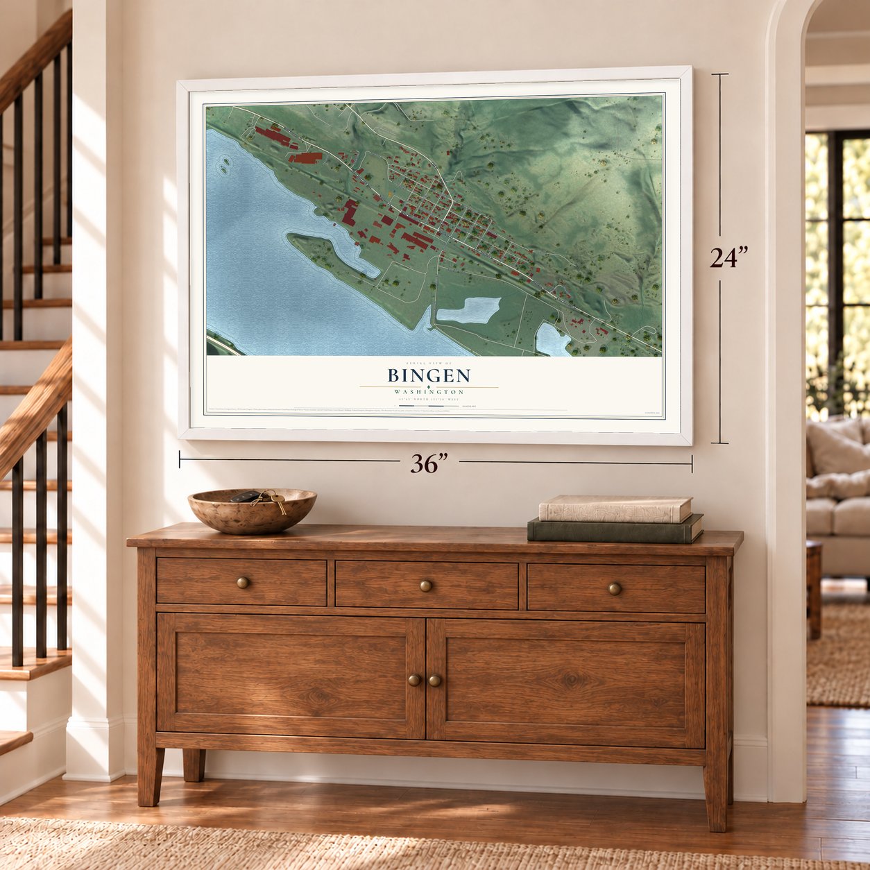 Bingen, Washington map, 24 x 36 inch print in a white frame above a dresser by a staircase