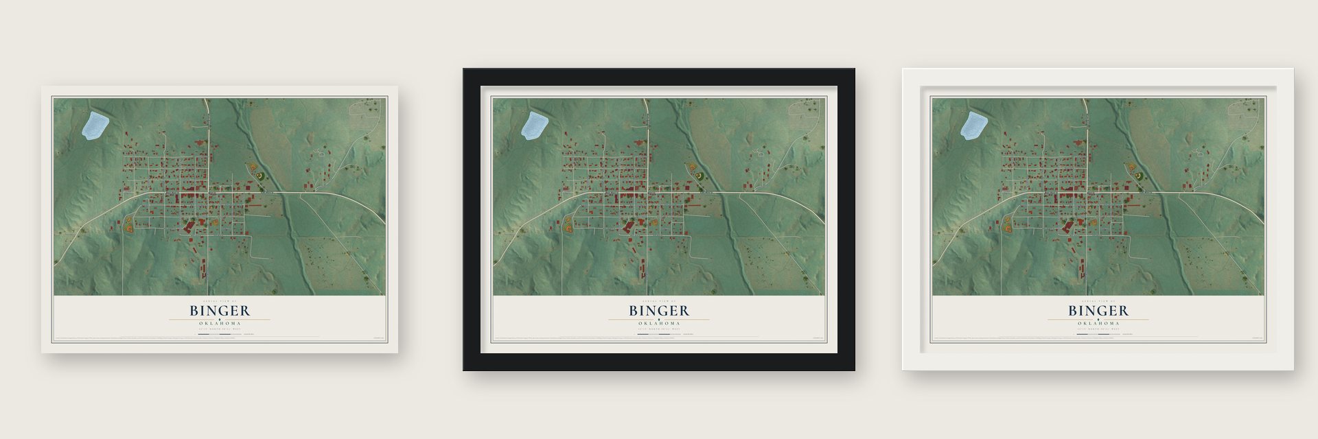 Binger, Oklahoma map unframed, in a black wood frame and in a white wood frame
