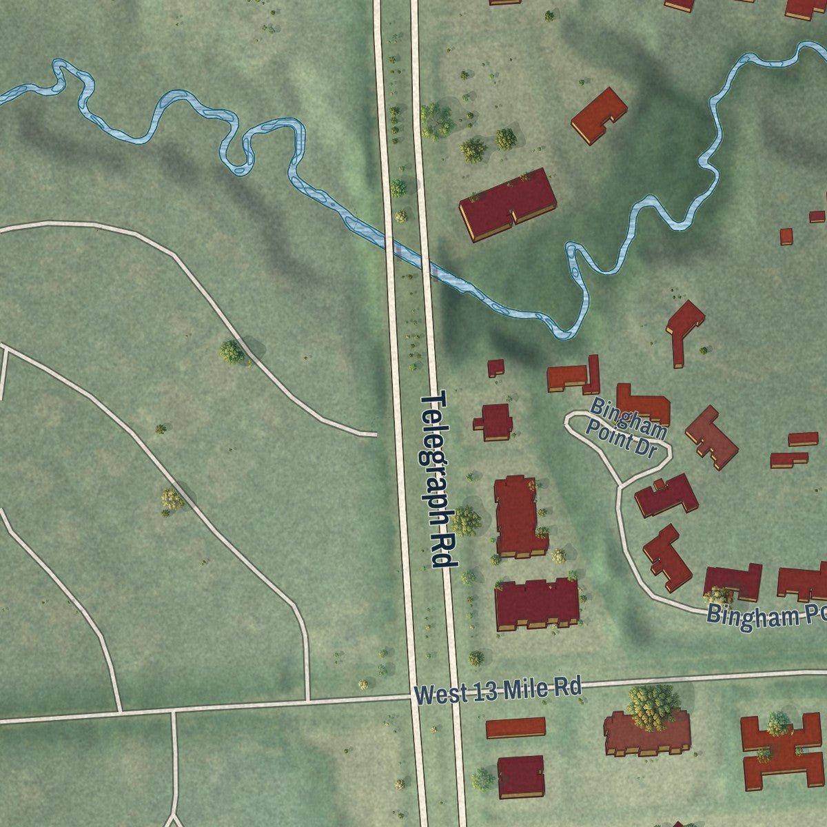Second close-up of the map of Bingham Farms, Michigan print showing more streets and buildings