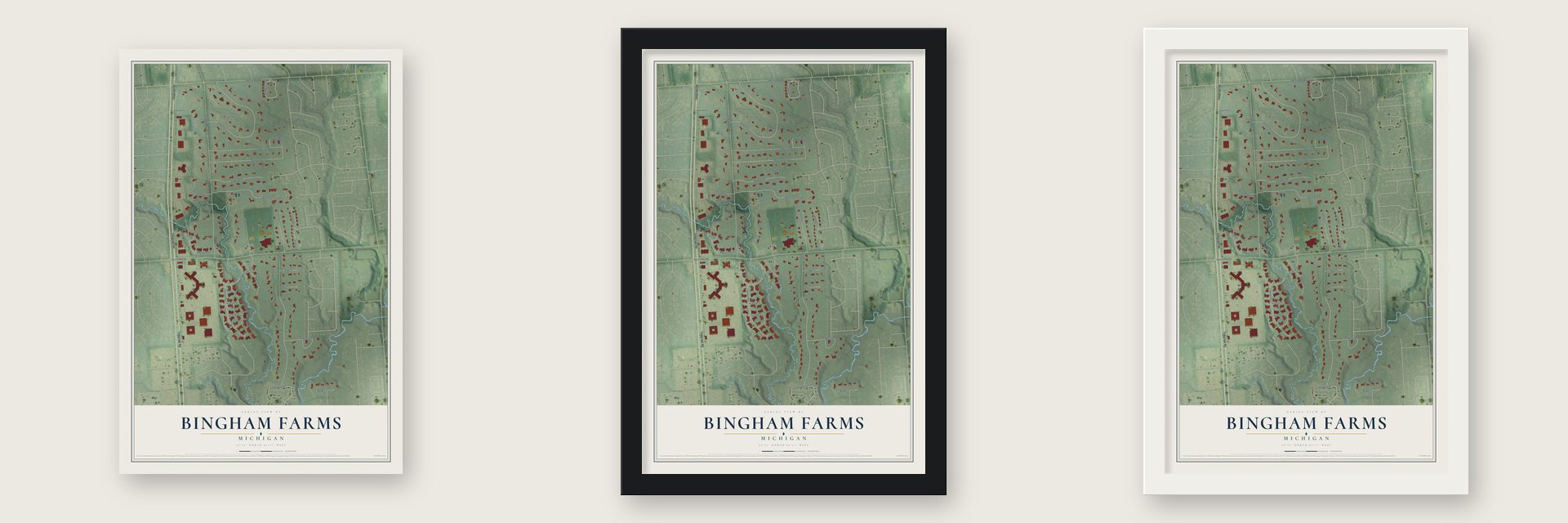 Bingham Farms, Michigan map unframed, in a black wood frame and in a white wood frame
