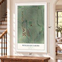 Bingham Farms, Michigan map, 24 x 36 inch print in a white frame by a staircase