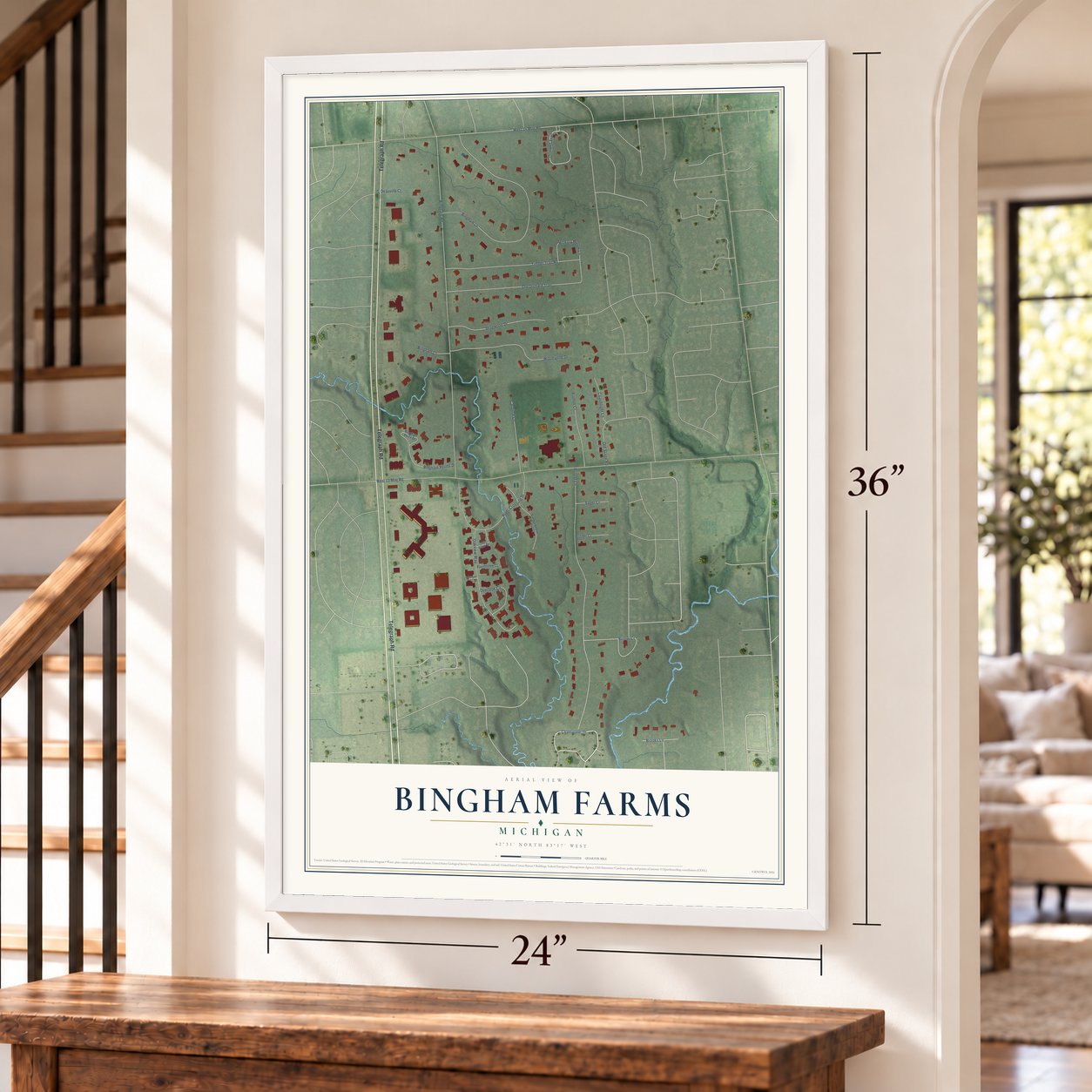 Bingham Farms, Michigan map, 24 x 36 inch print in a white frame by a staircase