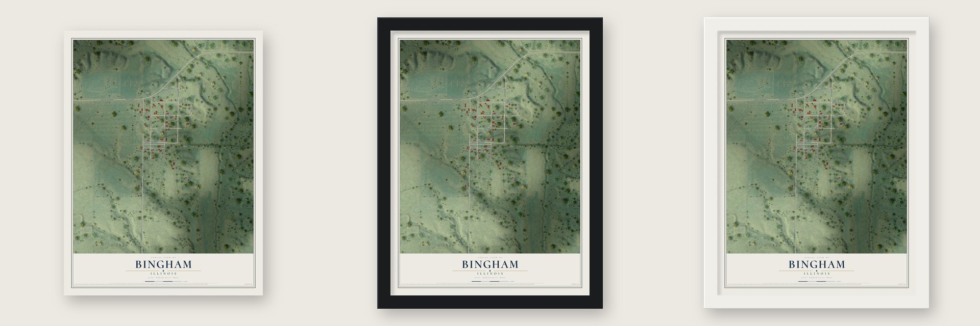 Bingham, Illinois map unframed, in a black wood frame and in a white wood frame