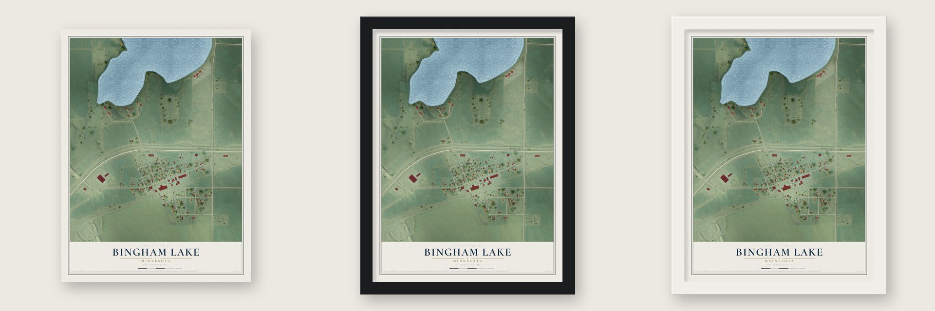 Bingham Lake, Minnesota map unframed, in a black wood frame and in a white wood frame