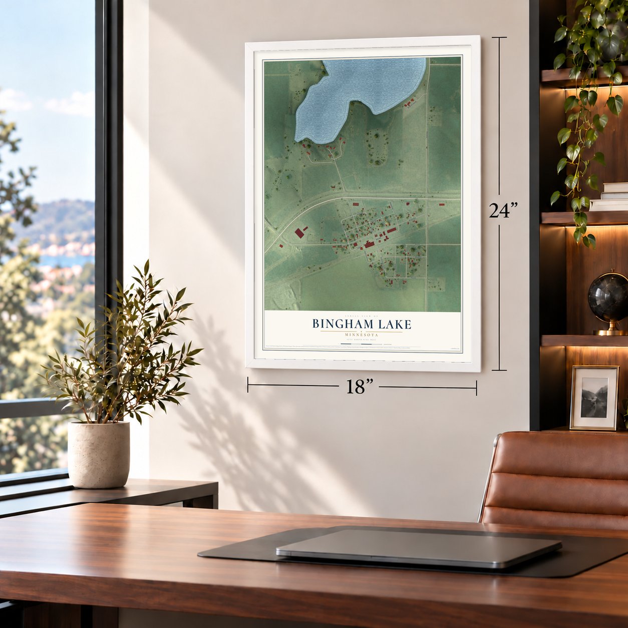 Bingham Lake, Minnesota map, 18 x 24 inch print in a white frame in a home office