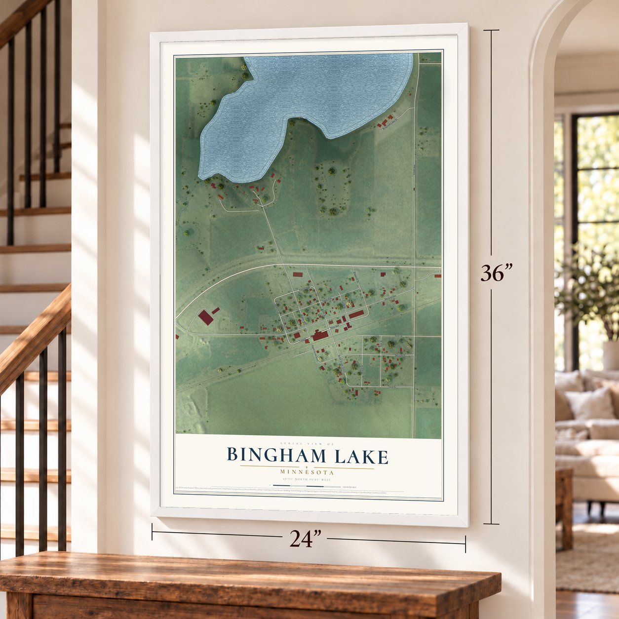 Bingham Lake, Minnesota map, 24 x 36 inch print in a white frame by a staircase
