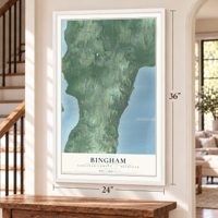 Bingham, Leelanau County, Michigan map, 24 x 36 inch print in a white frame by a staircase