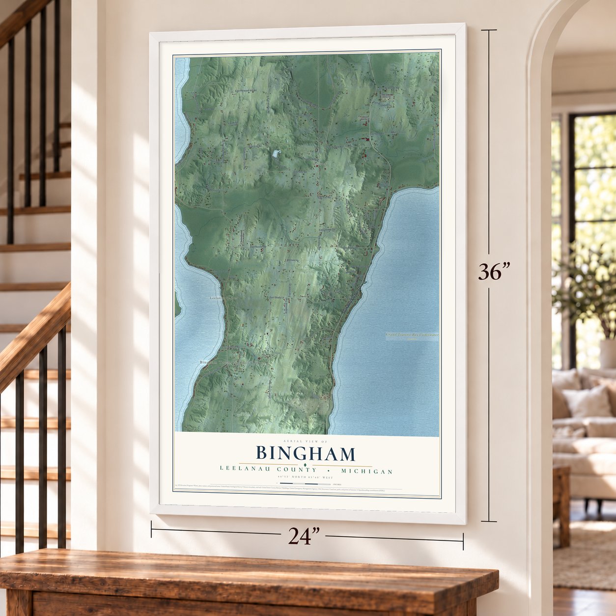 Bingham, Leelanau County, Michigan map, 24 x 36 inch print in a white frame by a staircase