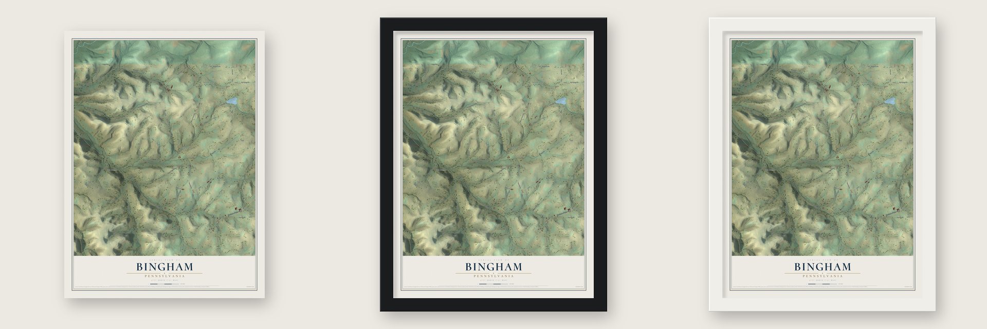 Bingham, Pennsylvania map unframed, in a black wood frame and in a white wood frame