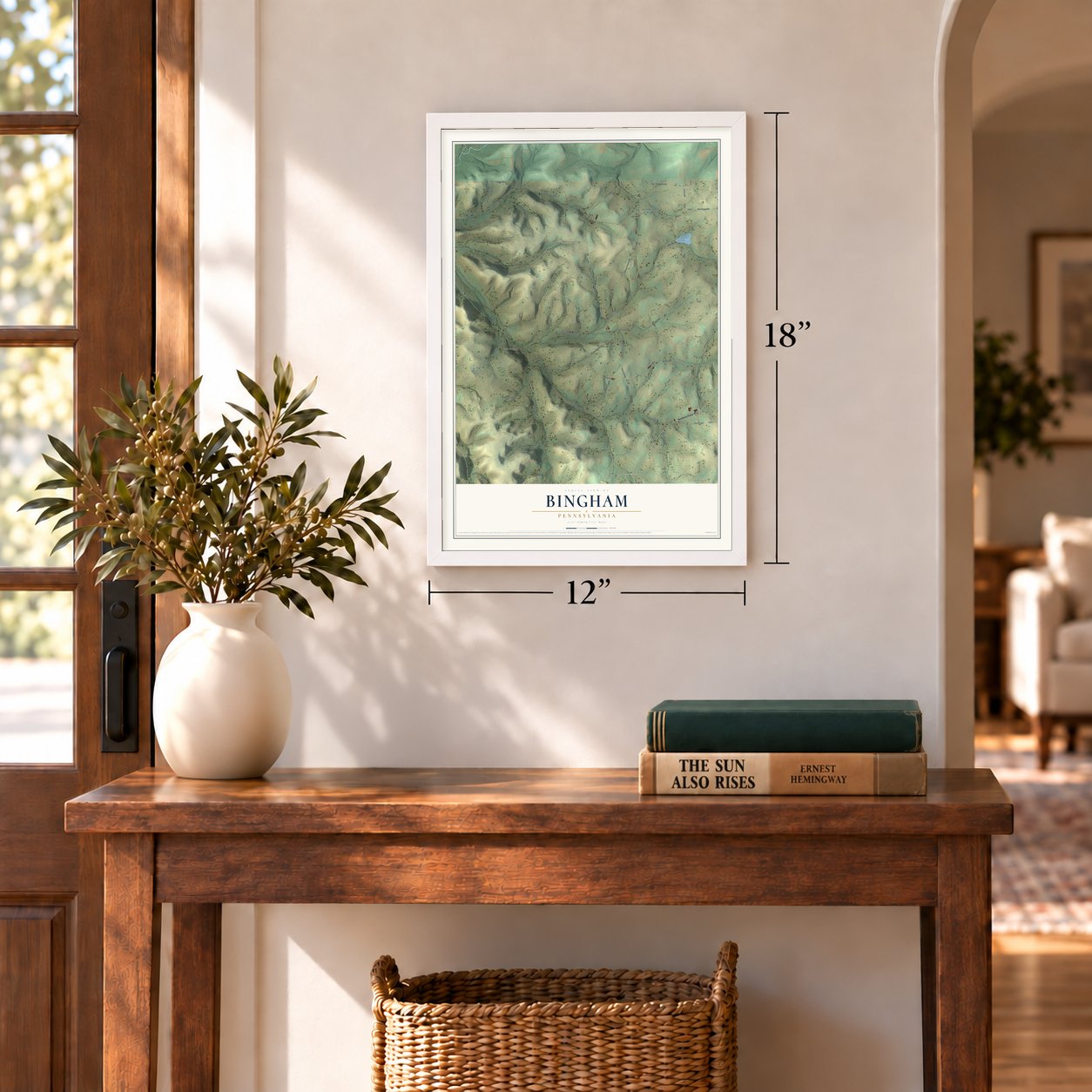Bingham, Pennsylvania map, 12 x 18 inch print in a white frame in an entryway