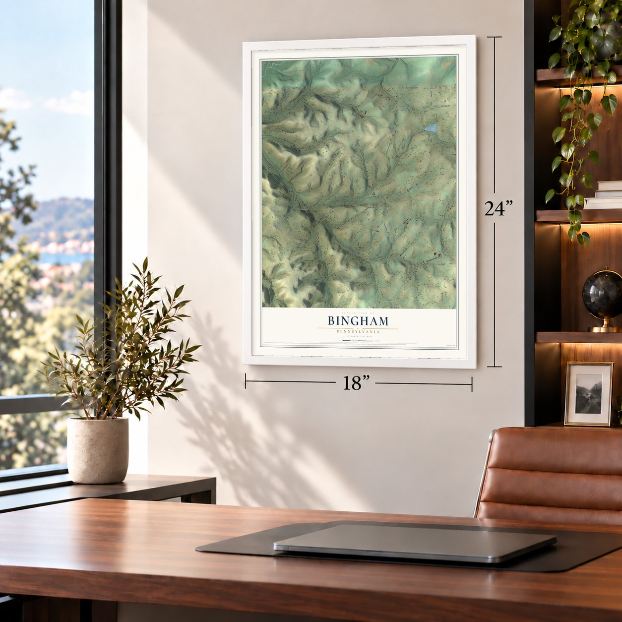 Bingham, Pennsylvania map, 18 x 24 inch print in a white frame in a home office