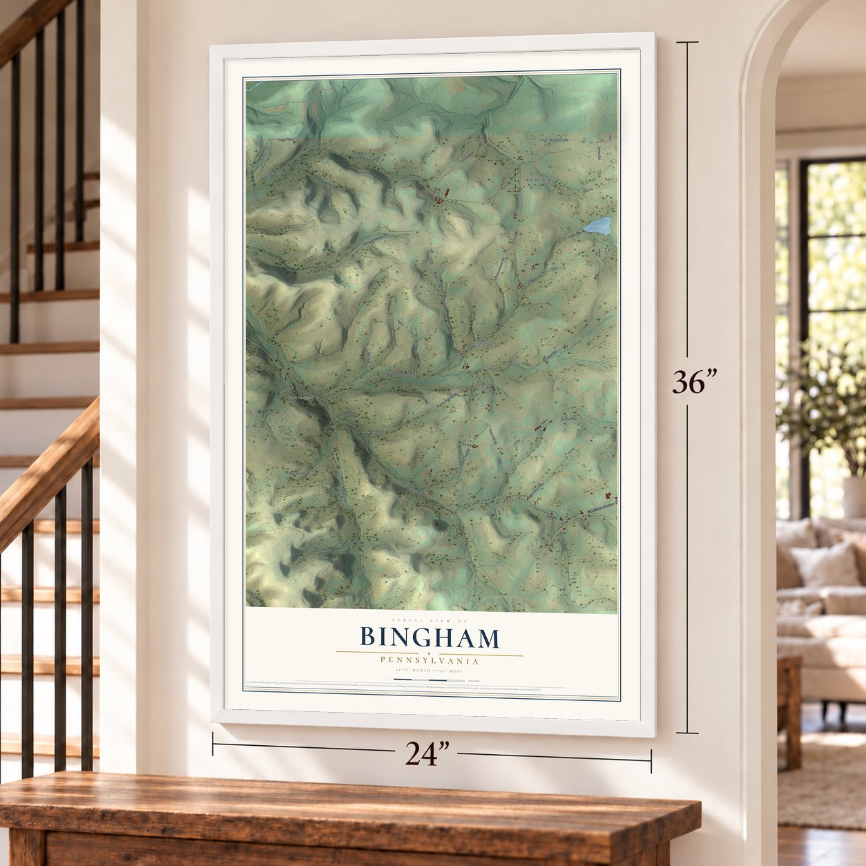 Bingham, Pennsylvania map, 24 x 36 inch print in a white frame by a staircase