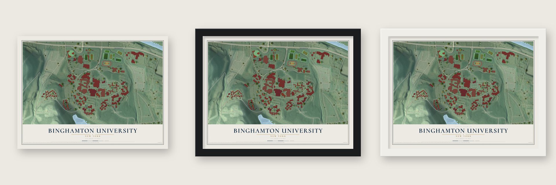 Binghamton University, New York map unframed, in a black wood frame and in a white wood frame