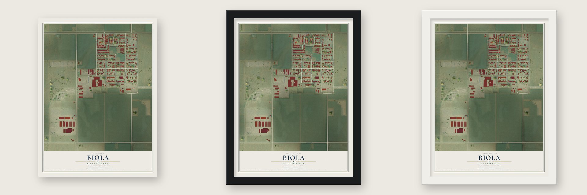 Biola, California map unframed, in a black wood frame and in a white wood frame
