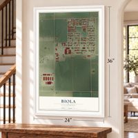 Biola, California map, 24 x 36 inch print in a white frame by a staircase