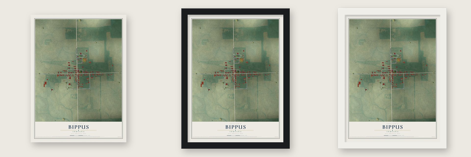 Bippus, Indiana map unframed, in a black wood frame and in a white wood frame