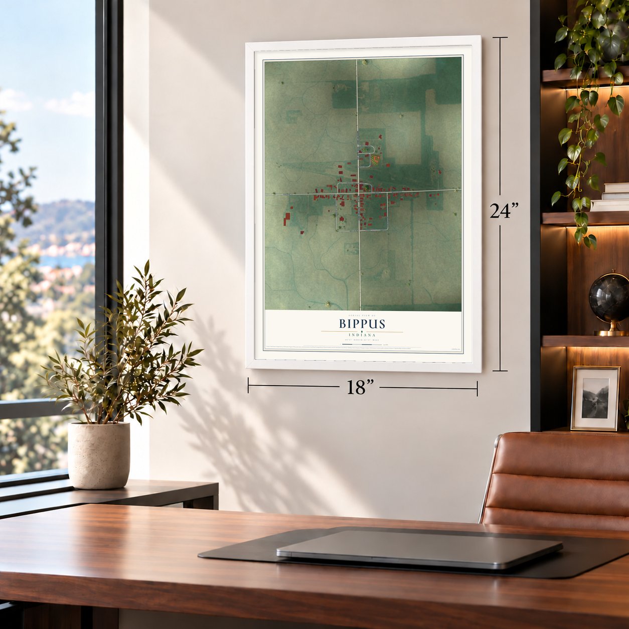 Bippus, Indiana map, 18 x 24 inch print in a white frame in a home office