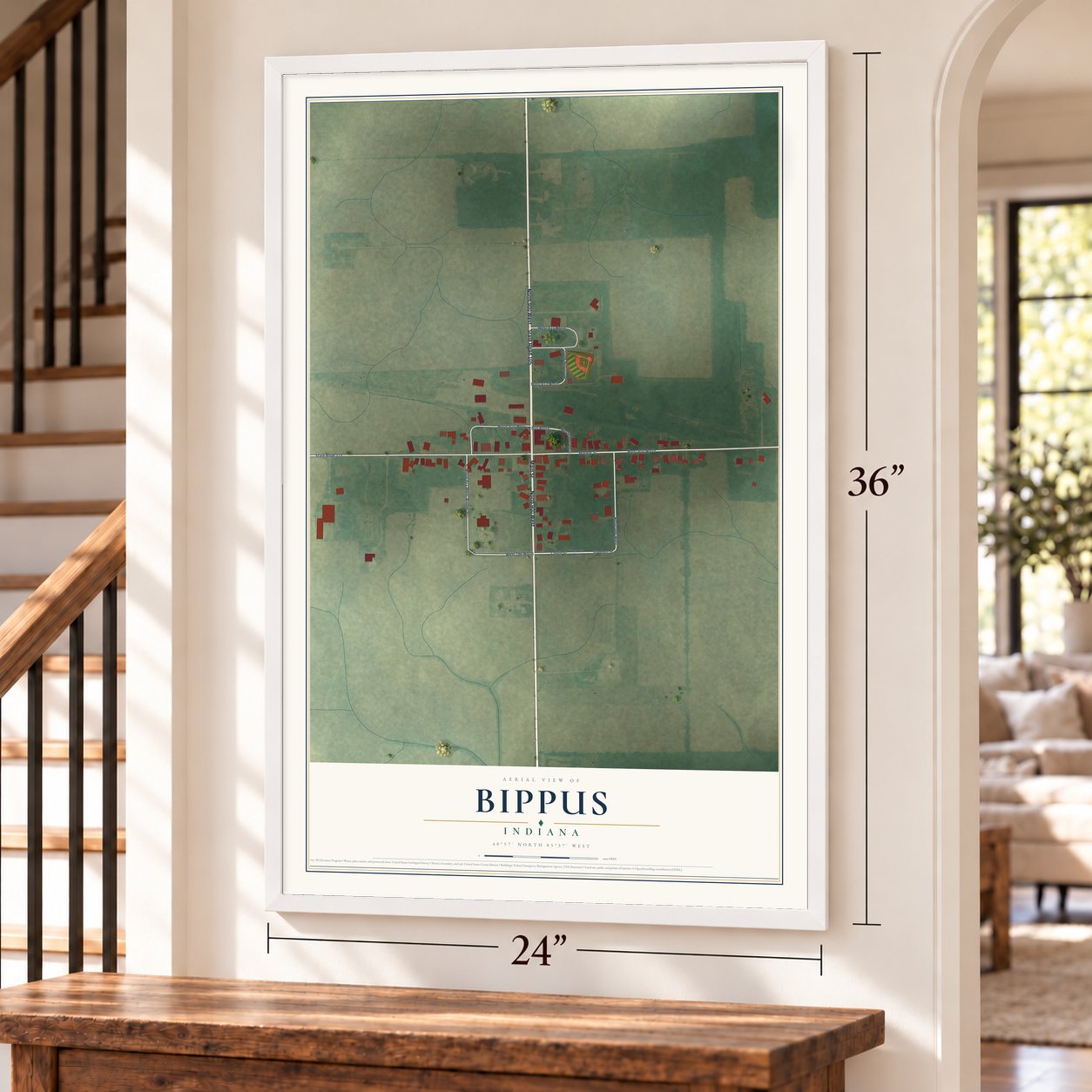 Bippus, Indiana map, 24 x 36 inch print in a white frame by a staircase