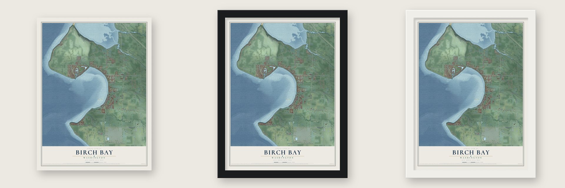 Birch Bay, Washington map unframed, in a black wood frame and in a white wood frame