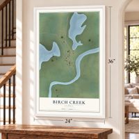 Birch Creek, Alaska map, 24 x 36 inch print in a white frame by a staircase