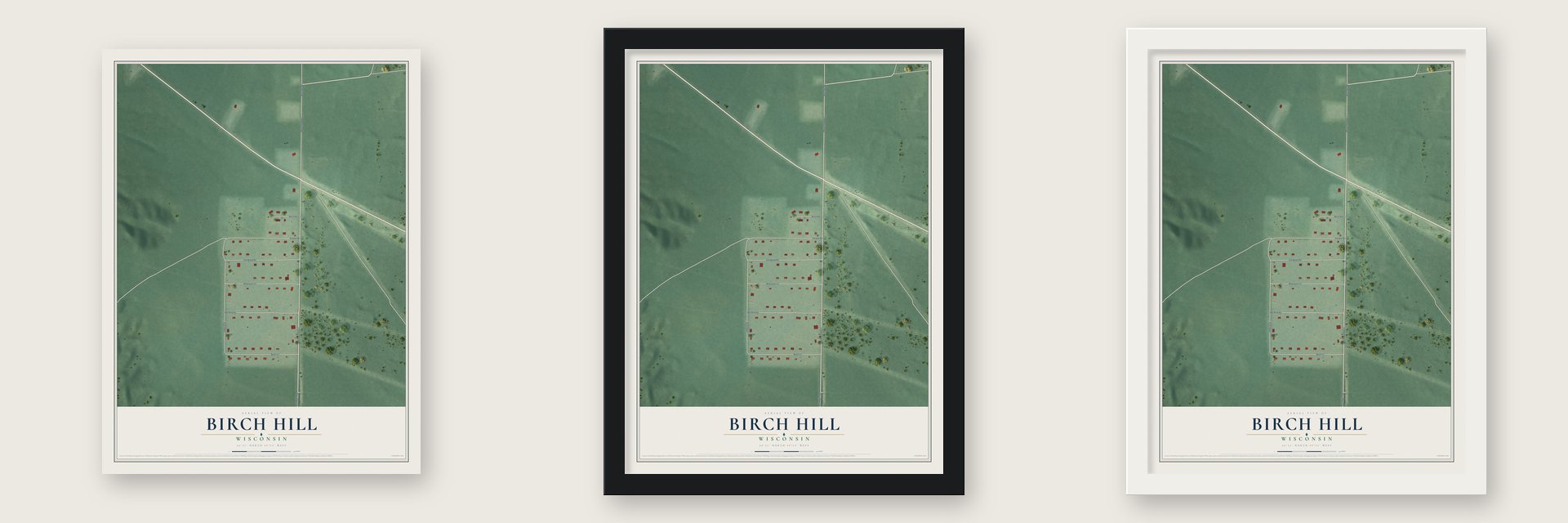 Birch Hill, Wisconsin map unframed, in a black wood frame and in a white wood frame