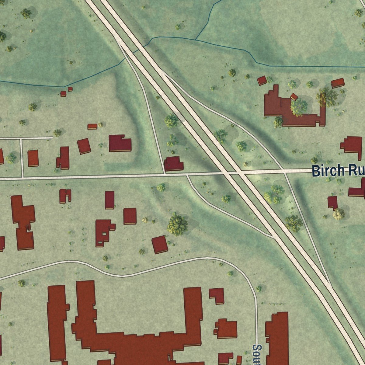 Second close-up of the map of Birch Run, Michigan print showing more streets and buildings