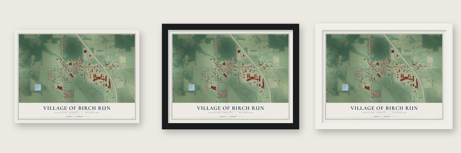 Birch Run, Michigan map unframed, in a black wood frame and in a white wood frame