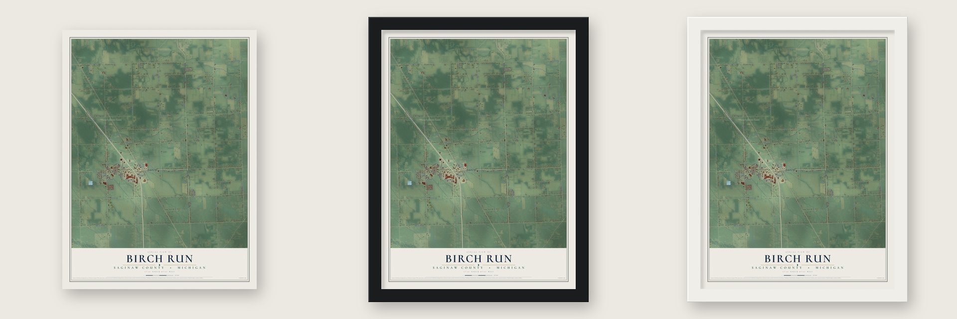 Birch Run, Saginaw County, Michigan map unframed, in a black wood frame and in a white wood frame