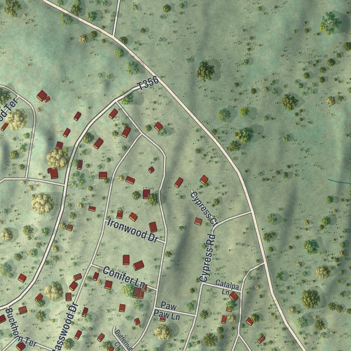 Second close-up of the map of Birchwood Lakes, Pennsylvania print showing more streets and buildings