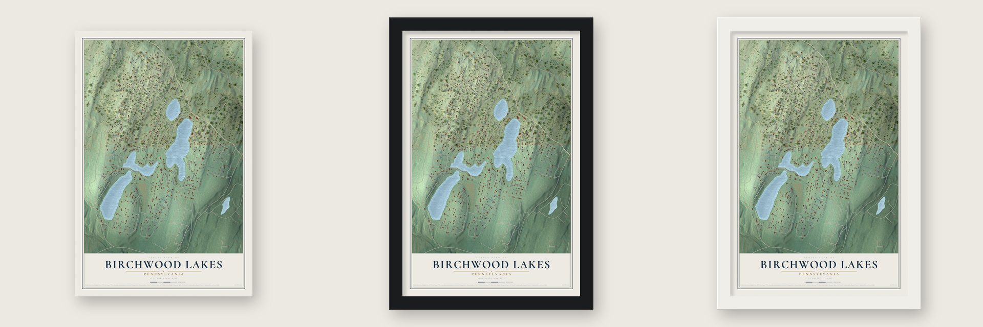 Birchwood Lakes, Pennsylvania map unframed, in a black wood frame and in a white wood frame