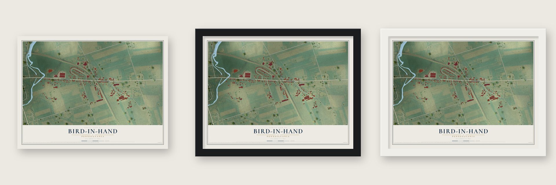 Bird-in-Hand, Pennsylvania map unframed, in a black wood frame and in a white wood frame
