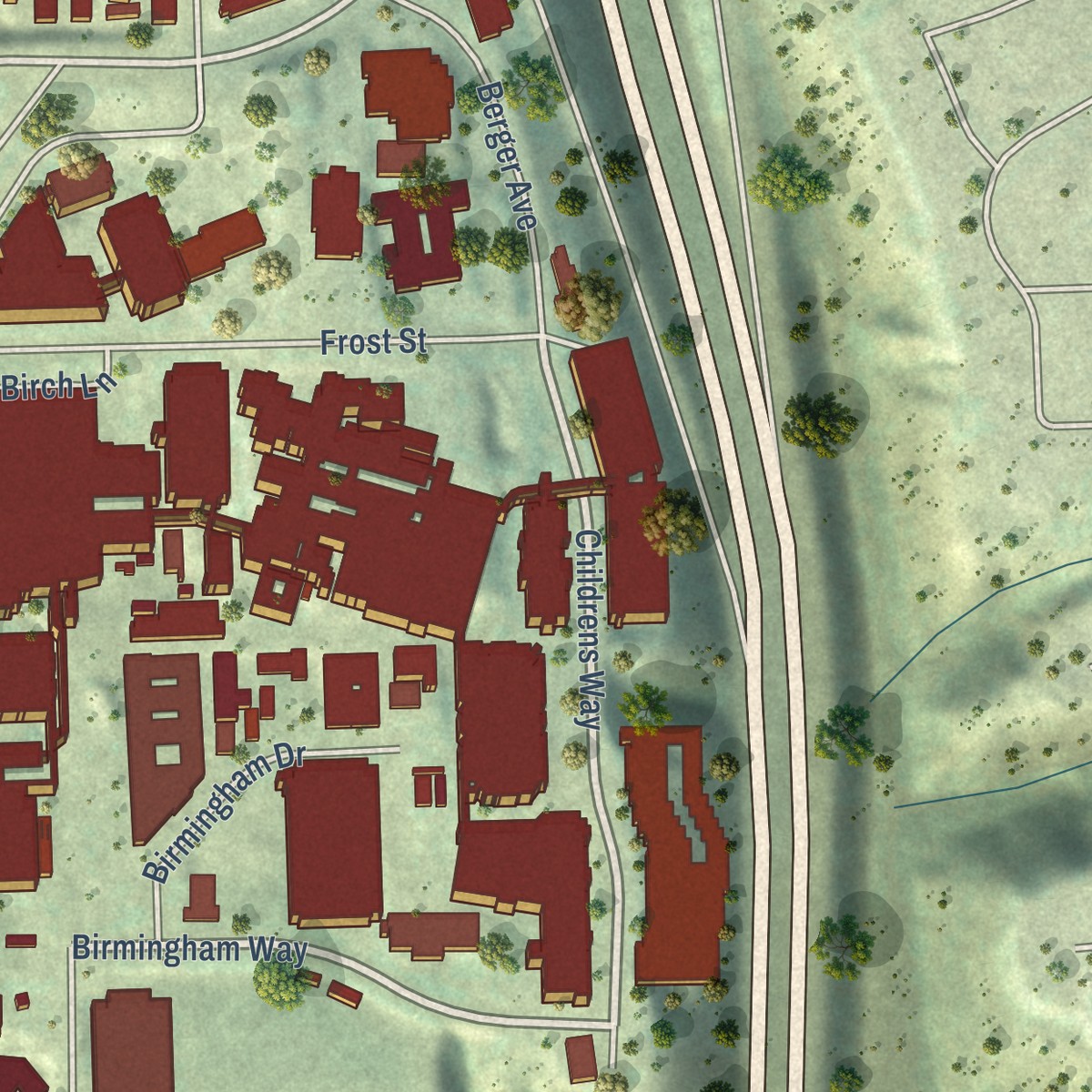 Second close-up of the map of Birdland, California print showing more streets and buildings
