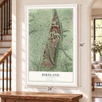 Birdland, California map, 24 x 36 inch print in a white frame by a staircase