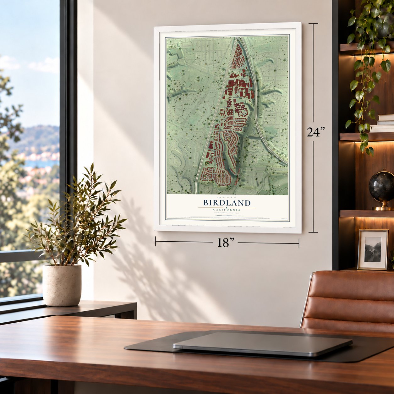 Birdland, California map, 18 x 24 inch print in a white frame in a home office