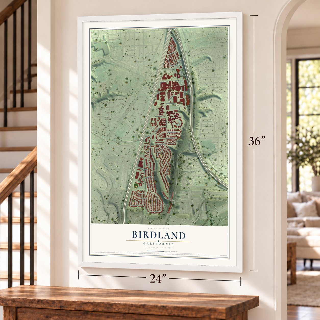 Birdland, California map, 24 x 36 inch print in a white frame by a staircase