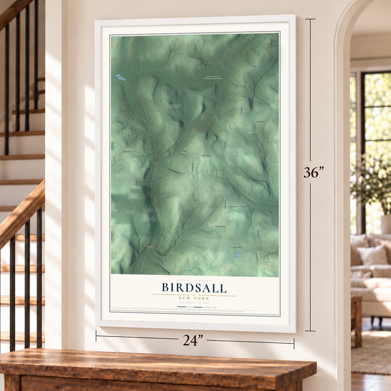 Birdsall, New York map, 24 x 36 inch print in a white frame by a staircase