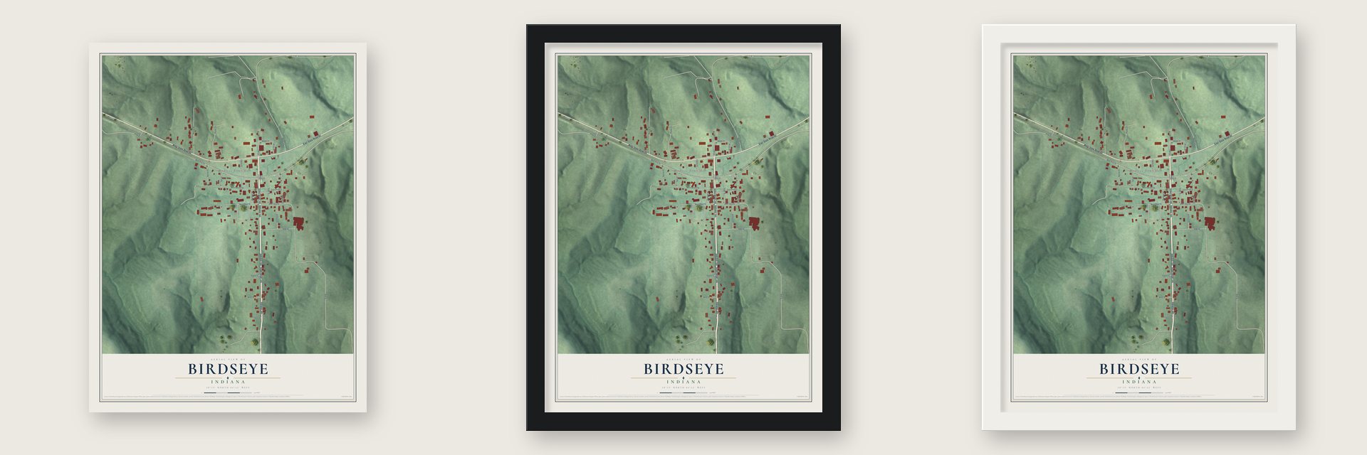 Birdseye, Indiana map unframed, in a black wood frame and in a white wood frame