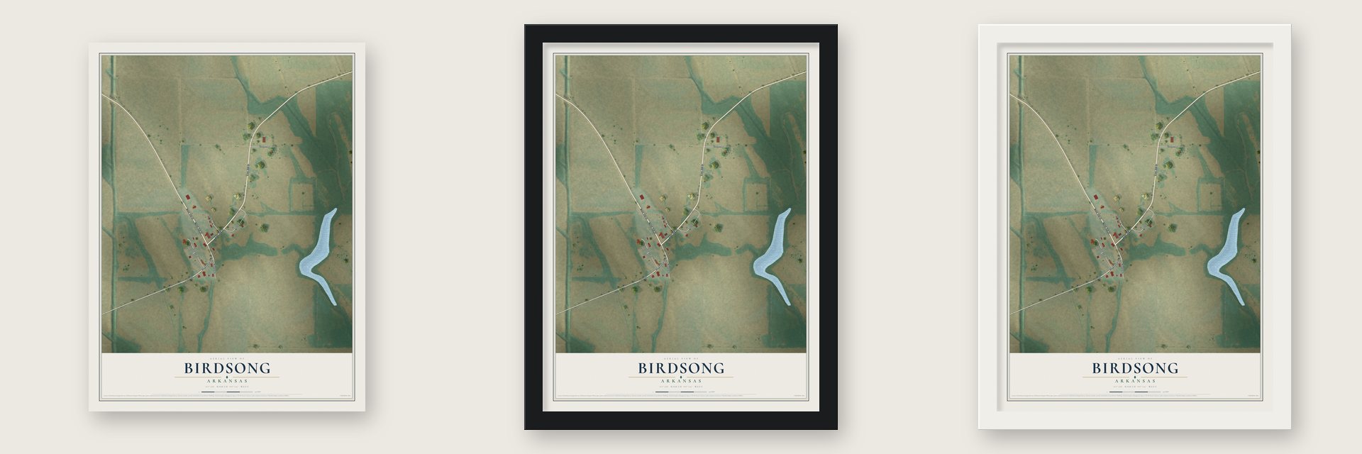 Birdsong, Arkansas map unframed, in a black wood frame and in a white wood frame