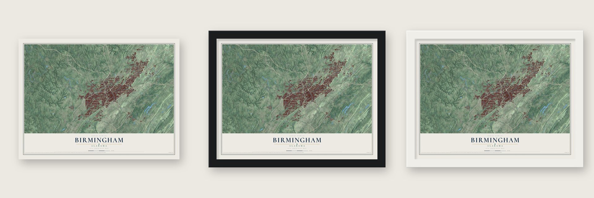Birmingham, Alabama map unframed, in a black wood frame and in a white wood frame