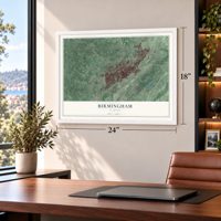 Birmingham, Alabama map, 18 x 24 inch print in a white frame in a home office