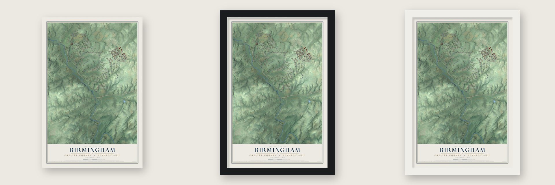 Birmingham, Chester County, Pennsylvania map unframed, in a black wood frame and in a white wood frame