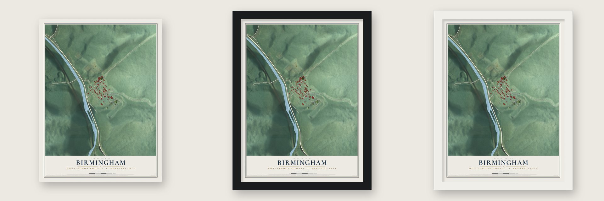 Birmingham, Huntingdon County, Pennsylvania map unframed, in a black wood frame and in a white wood frame